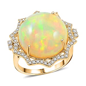 Certified & Appraised Luxoro 14K Yellow Gold AAA Ethiopian Welo Opal, White Diamond (I2) Ring (Size 10.5) 11.20 ctw