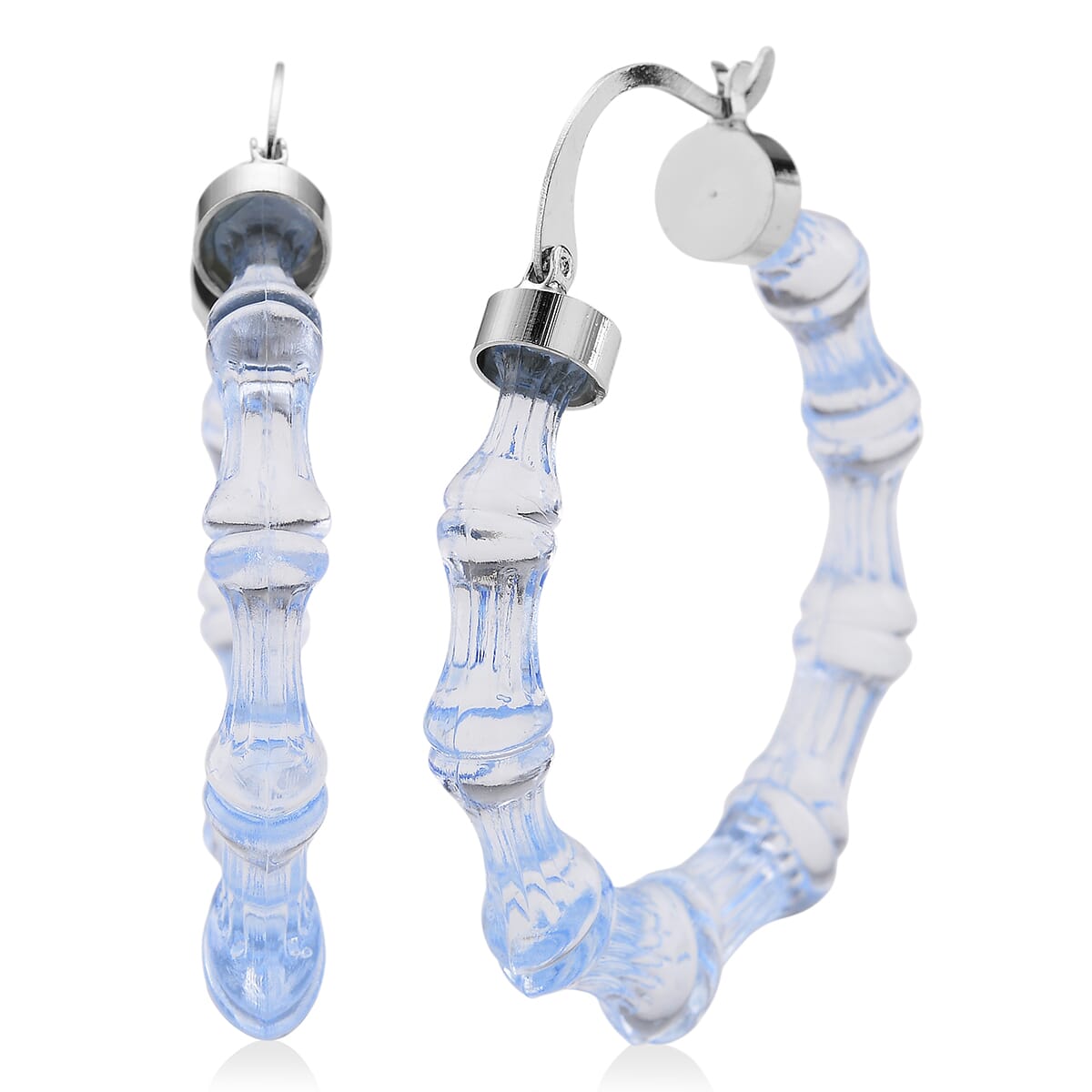 Blue Color Acrylic Bamboo Hoop Earrings in Silvertone image number 0
