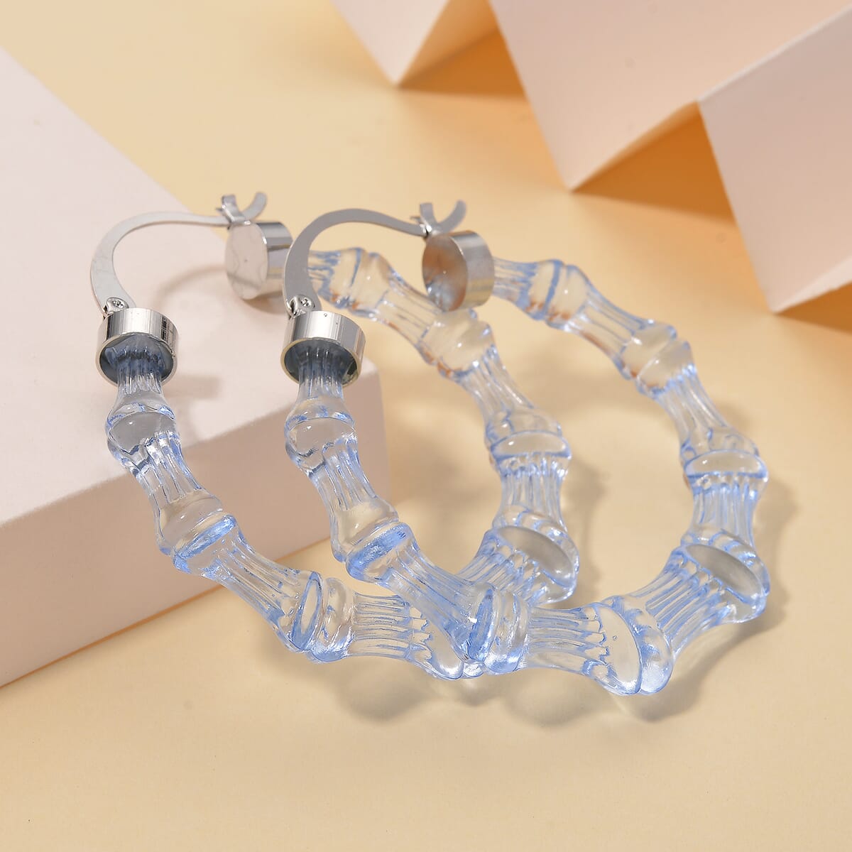 Blue Color Acrylic Bamboo Hoop Earrings in Silvertone image number 1