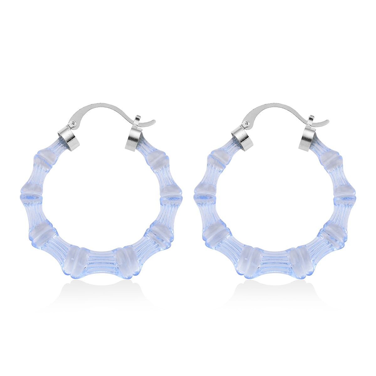 4th of July Doorbuster Deal Blue Color Acrylic Bamboo Hoop Earrings in Silvertone image number 3