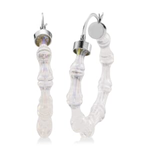 White Color Acrylic Bamboo Hoop Earrings in Silvertone