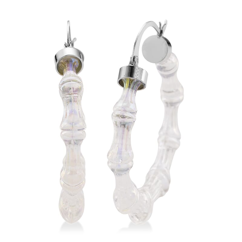 White Color Acrylic Bamboo Hoop Earrings in Silvertone