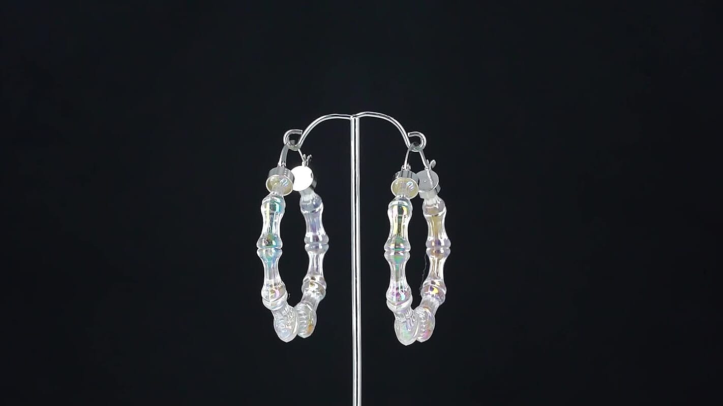 Blue Color Acrylic Bamboo Hoop Earrings in Silvertone