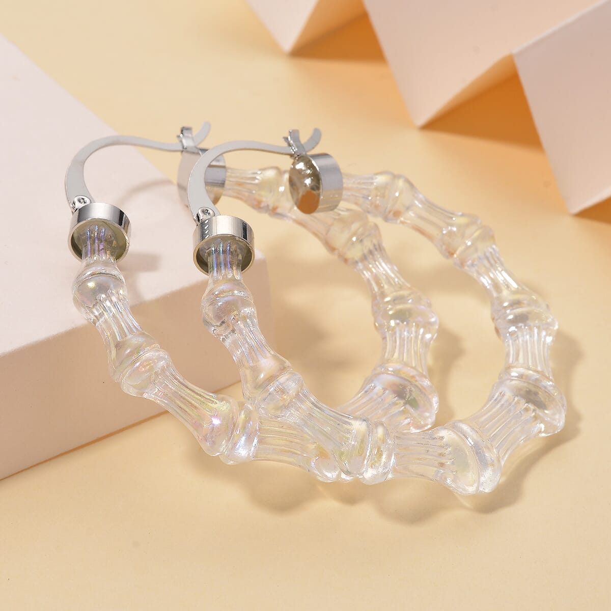 White Color Acrylic Bamboo Hoop Earrings in Silvertone image number 1