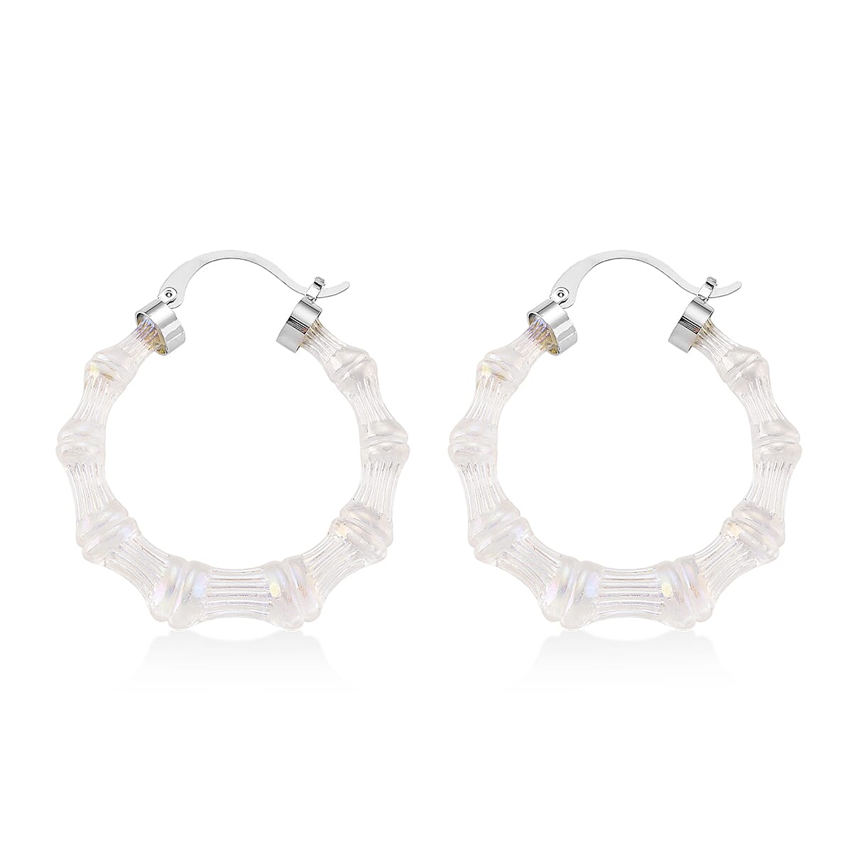 White Color Acrylic Bamboo Hoop Earrings in Silvertone