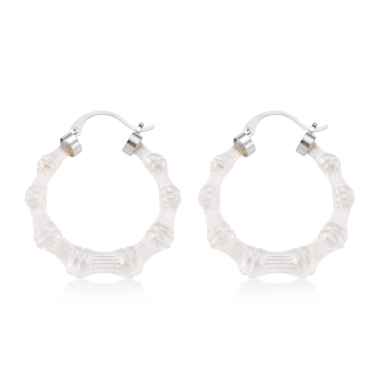 White Color Acrylic Bamboo Hoop Earrings in Silvertone image number 3