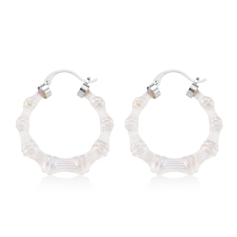 White Color Acrylic Bamboo Hoop Earrings in Silvertone