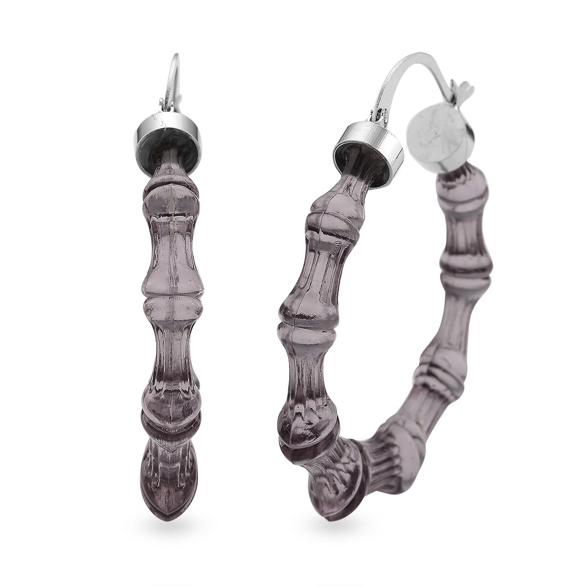 Black Color Acrylic Bamboo Hoop Earrings in Silvertone image number 0