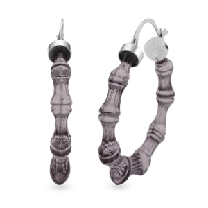 Black Color Acrylic Bamboo Hoop Earrings in Silvertone