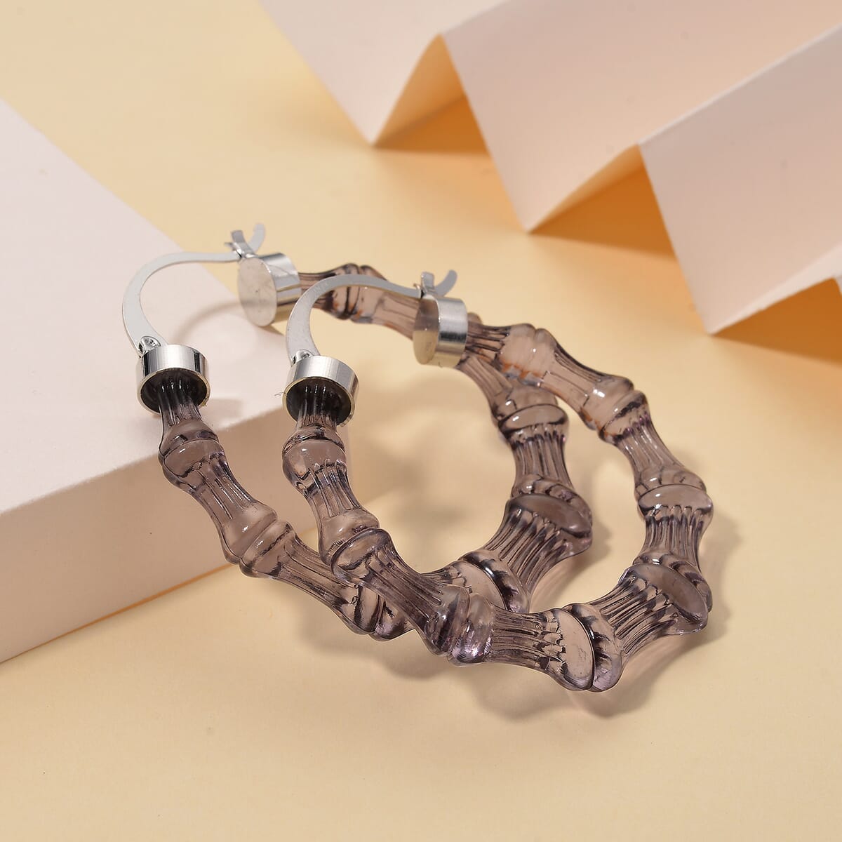 Black Color Acrylic Bamboo Hoop Earrings in Silvertone image number 1