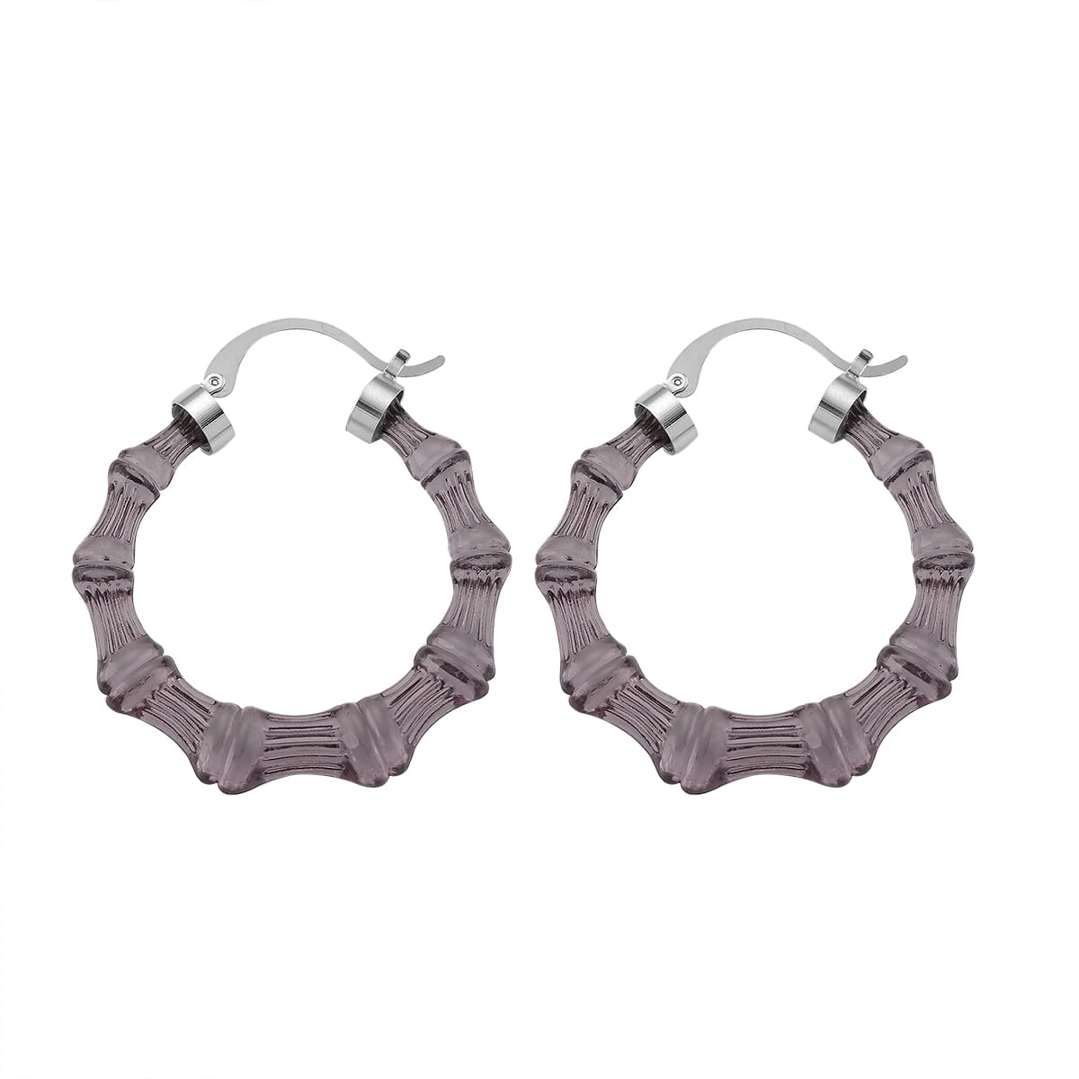 Black Color Acrylic Bamboo Hoop Earrings in Silvertone image number 3
