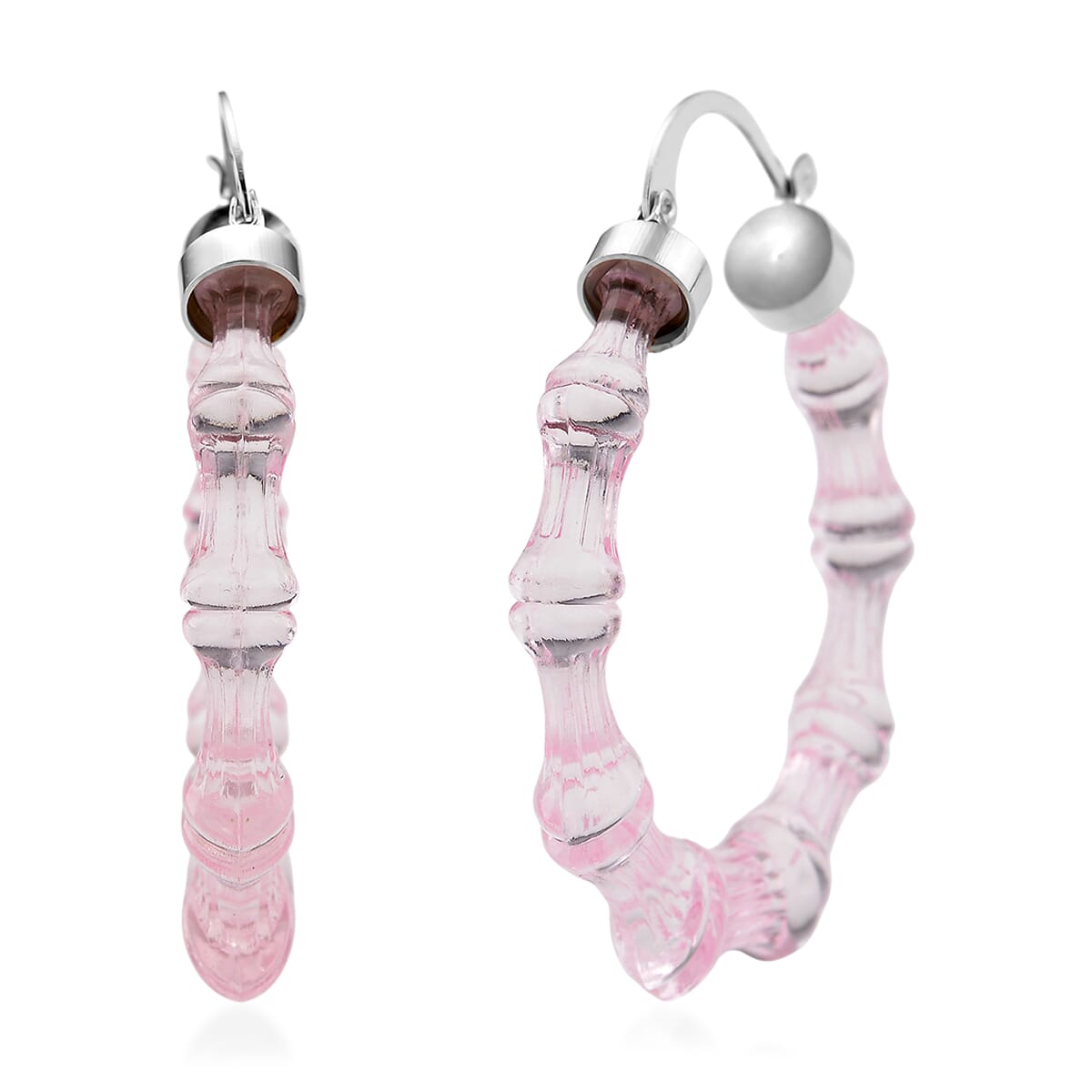 Pink Color Acrylic Bamboo Hoop Earrings in Silvertone image number 0