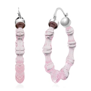 Pink Color Acrylic Bamboo Hoop Earrings in Silvertone
