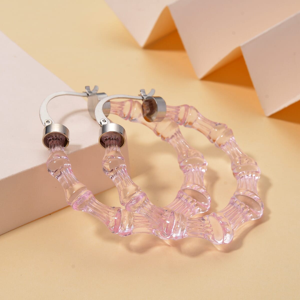 Pink Color Acrylic Bamboo Hoop Earrings in Silvertone image number 1