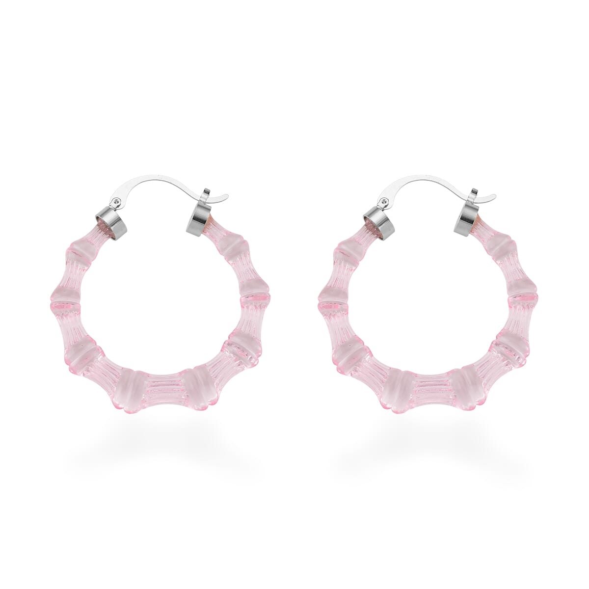 Pink Color Acrylic Bamboo Hoop Earrings in Silvertone image number 3
