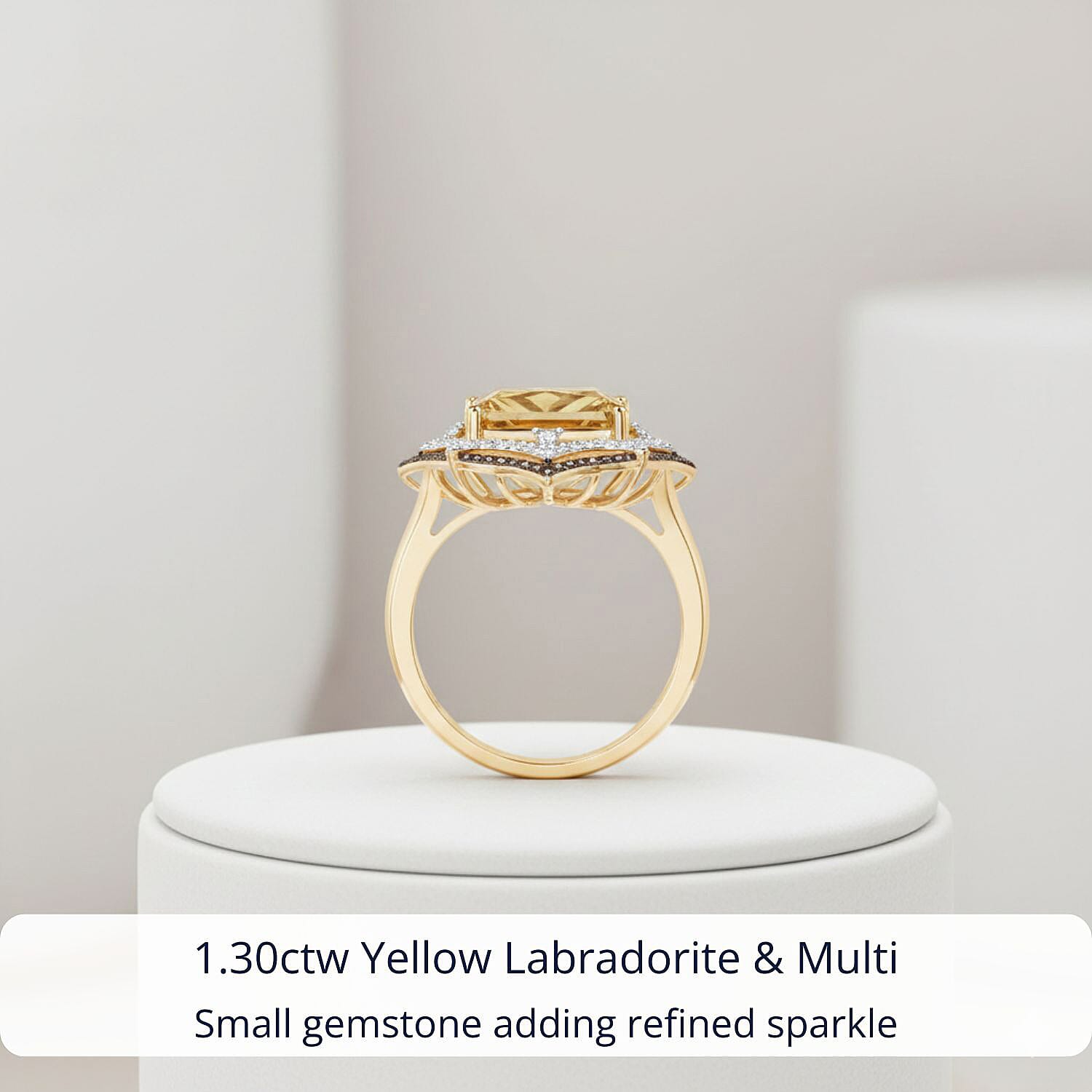 D'Joy Yellow Labradorite and Multi Gemstone 7.40 ctw Solar Flare Ring in 18K Vermeil Yellow Gold Over Sterling Silver (Size 9.0)