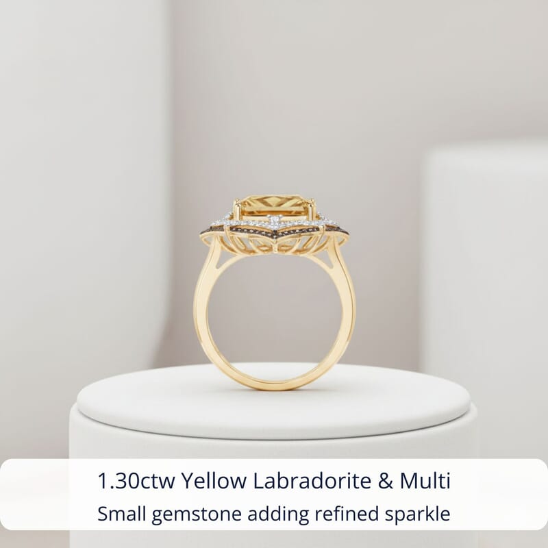 D'Joy Yellow Labradorite and Multi Gemstone 7.40 ctw Solar Flare Ring in 18K Vermeil Yellow Gold Over Sterling Silver (Size 9.0)