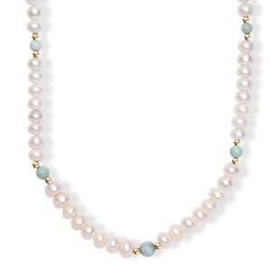 Freshwater Pearl and Larimar 165 ctw Necklace 18 Inches in 18K Vermeil Yellow Gold Over Sterling Silver 