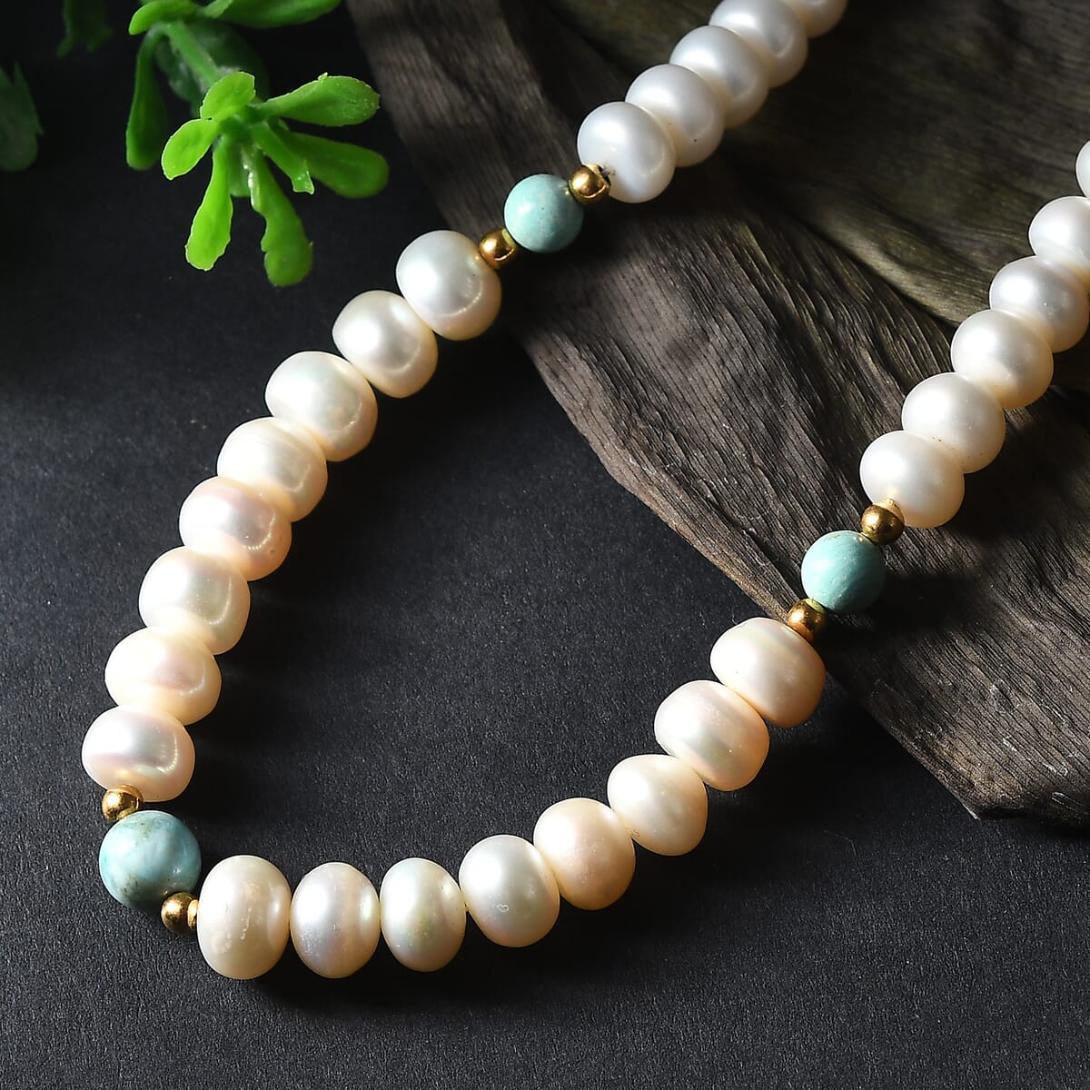Freshwater Pearl and Larimar 165 ctw Necklace 18 Inches in 18K Vermeil Yellow Gold Over Sterling Silver  image number 1