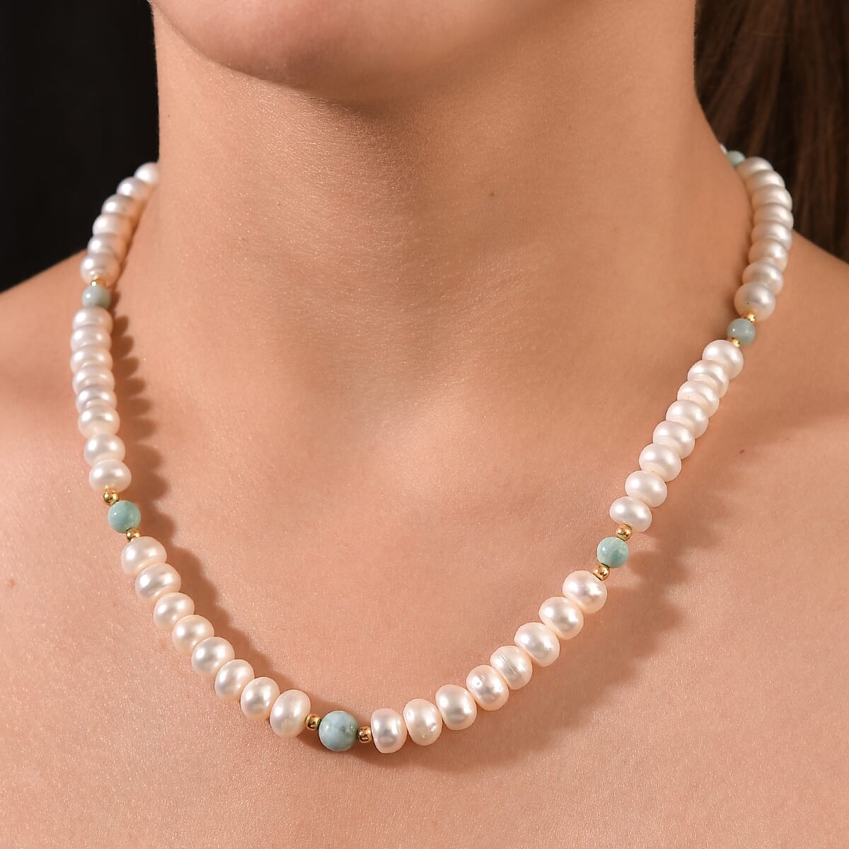 Freshwater Pearl and Larimar 165 ctw Necklace 18 Inches in 18K Vermeil Yellow Gold Over Sterling Silver  image number 2