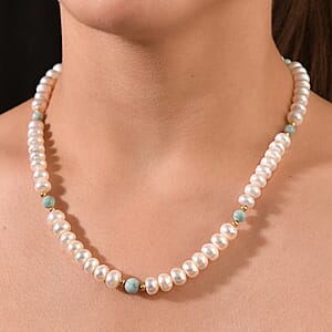 Freshwater Pearl and Larimar 10.00 ctw Necklace 18 Inches in 18K Vermeil Yellow Gold Over Sterling Silver 