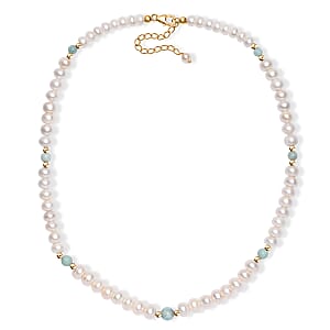 Freshwater Pearl and Larimar 10.00 ctw Necklace 18 Inches in 18K Vermeil Yellow Gold Over Sterling Silver 