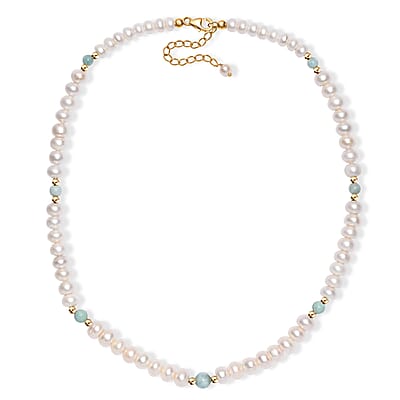 Freshwater Pearl and Larimar 10.00 ctw Necklace 18 Inches in 18K Vermeil Yellow Gold Over Sterling Silver 