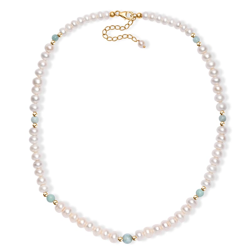 Freshwater Pearl and Larimar 10.00 ctw Necklace 18 Inches in 18K Vermeil Yellow Gold Over Sterling Silver 