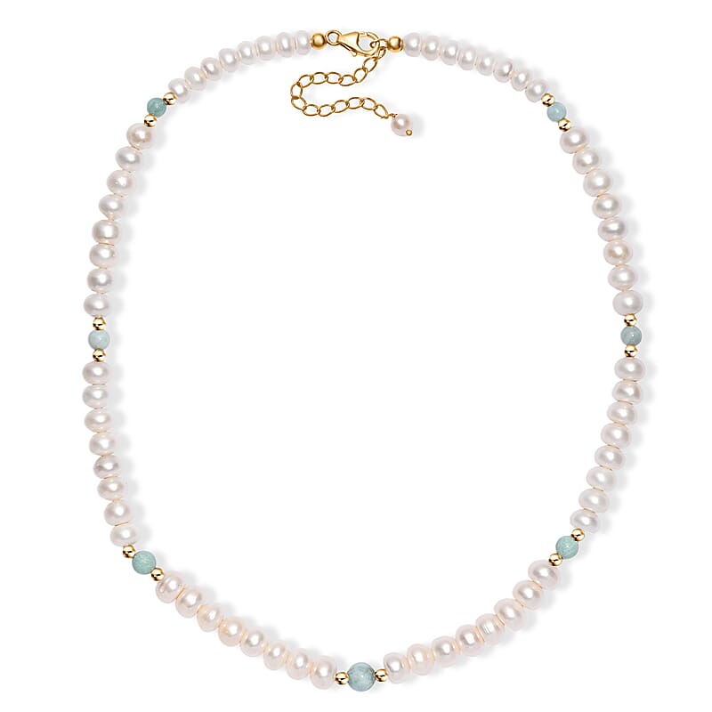 Freshwater Pearl and Larimar 10.00 ctw Necklace 18 Inches in 18K Vermeil Yellow Gold Over Sterling Silver 