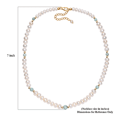 Freshwater Pearl and Larimar 10.00 ctw Necklace 18 Inches in 18K Vermeil Yellow Gold Over Sterling Silver 