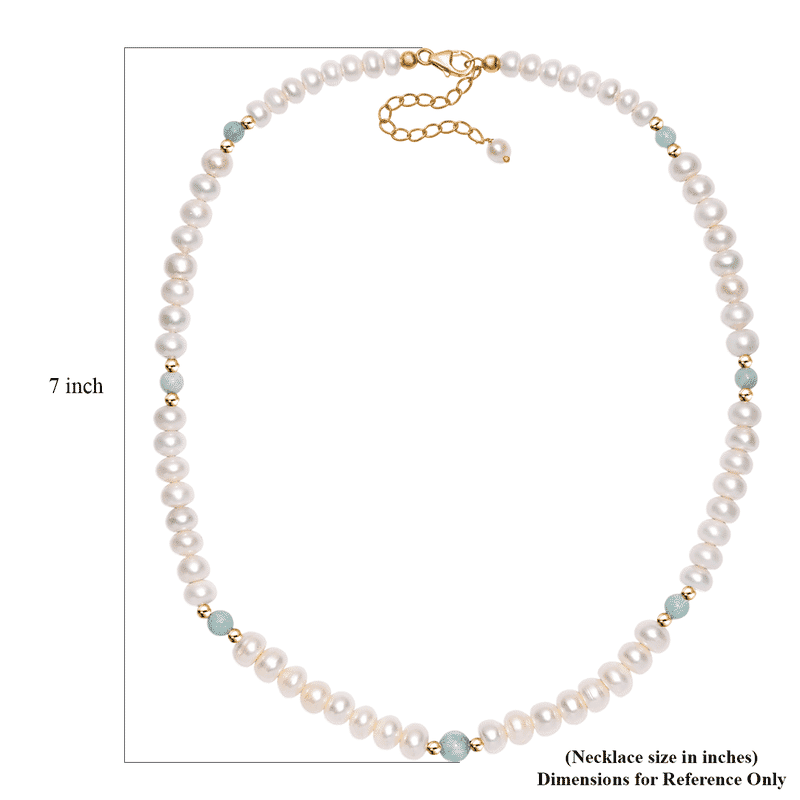 Freshwater Pearl and Larimar 10.00 ctw Necklace 18 Inches in 18K Vermeil Yellow Gold Over Sterling Silver 