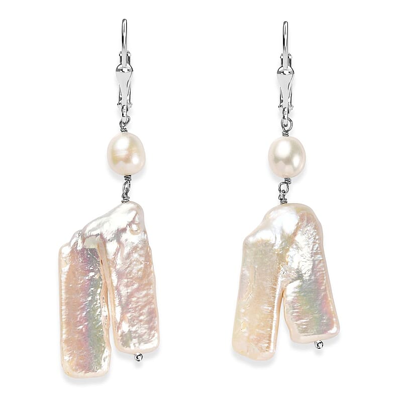 Freshwater Pearl Lever Back Earrings in Rhodium Over Sterling Silver