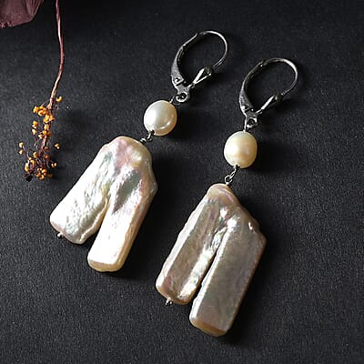 Freshwater Pearl Lever Back Earrings in Rhodium Over Sterling Silver