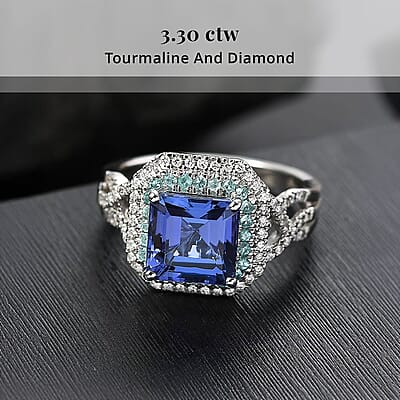 Rhapsody AAAA Tanzanite, Paraiba Tourmaline and E-F VS Diamond 3.30 ctw Midnight Deco Ring in 950 Platinum (Size 12.0)