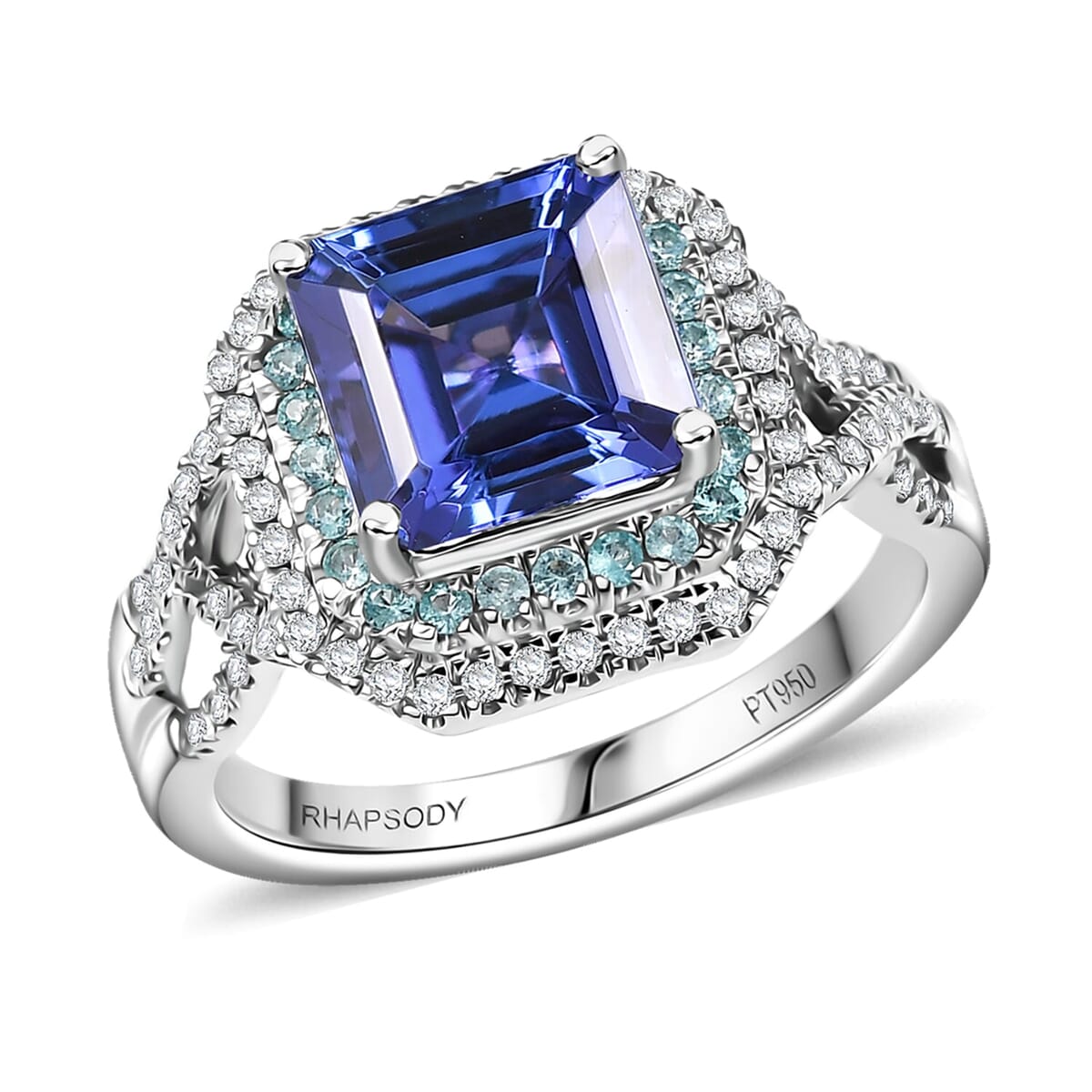 Rhapsody AAAA Tanzanite, Paraiba Tourmaline and E-F VS Diamond 3.30 ctw Midnight Deco Ring in 950 Platinum (Size 6.0) image number 0