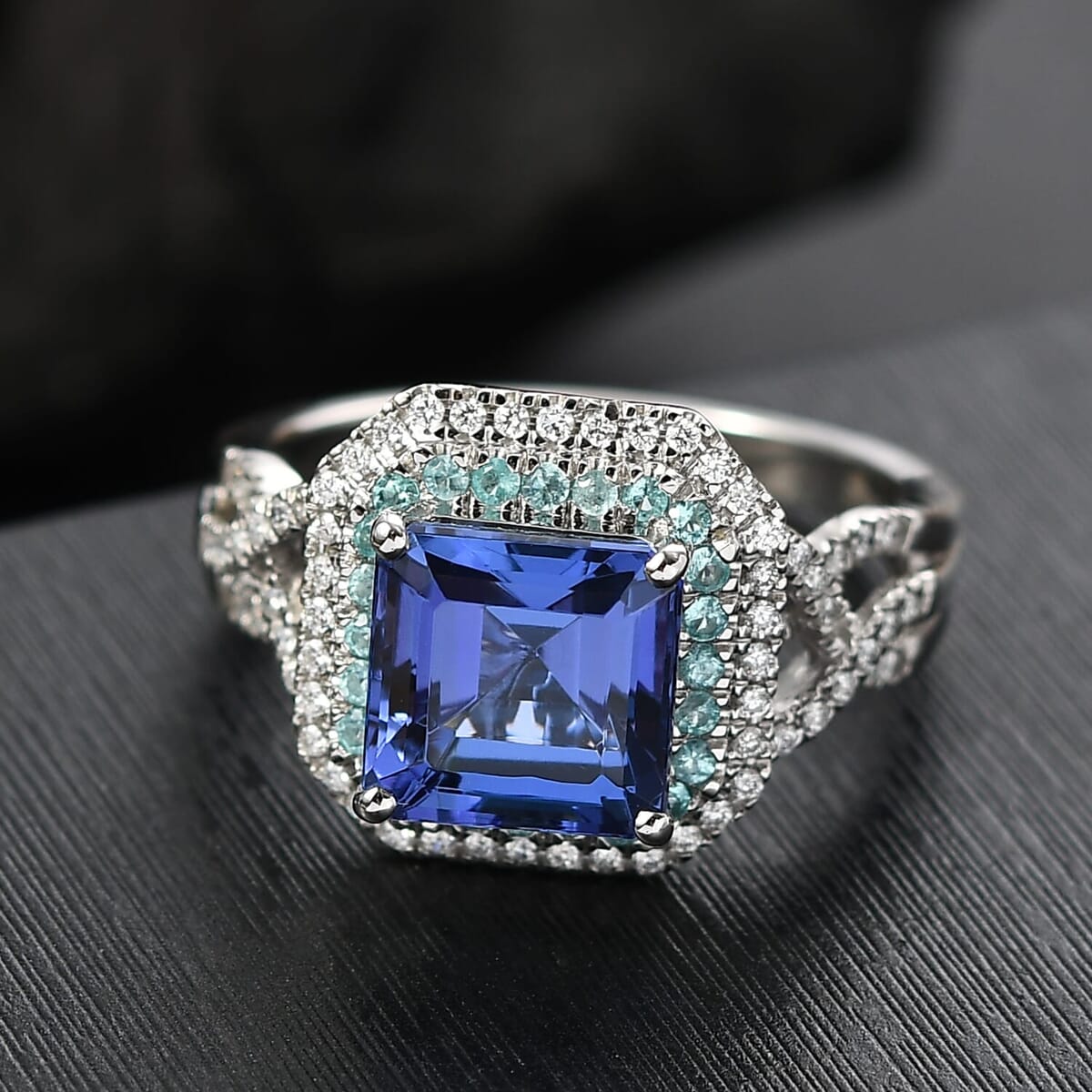 Rhapsody AAAA Tanzanite, Paraiba Tourmaline and E-F VS Diamond 3.30 ctw Midnight Deco Ring in 950 Platinum (Size 6.0) image number 1