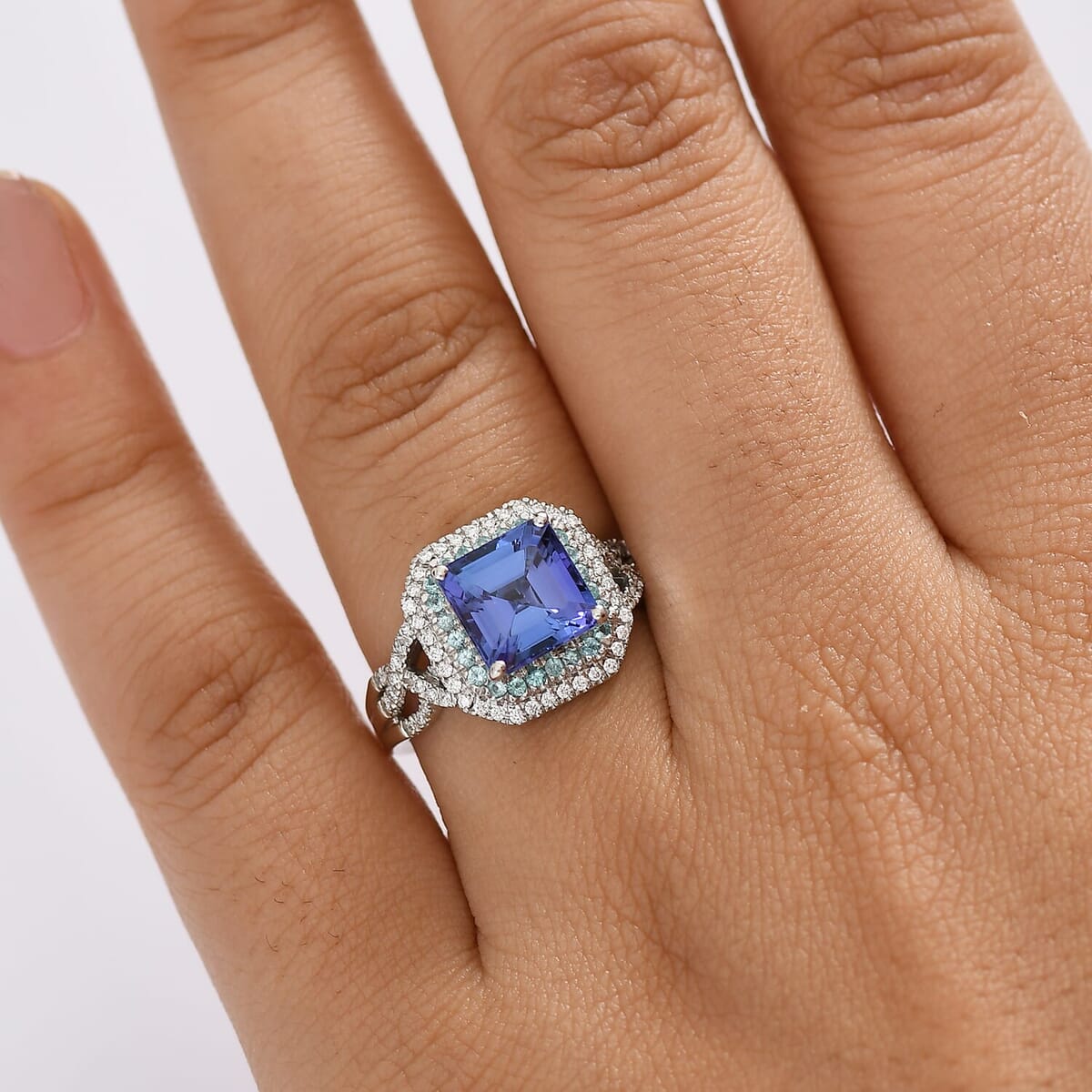 Rhapsody AAAA Tanzanite, Paraiba Tourmaline and E-F VS Diamond 3.30 ctw Midnight Deco Ring in 950 Platinum (Size 6.0) image number 2