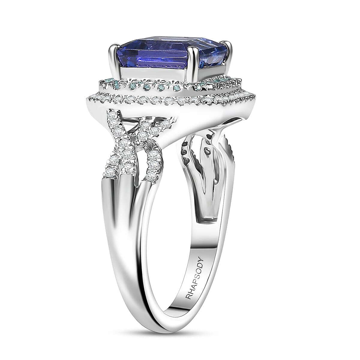 Rhapsody AAAA Tanzanite, Paraiba Tourmaline and E-F VS Diamond 3.30 ctw Midnight Deco Ring in 950 Platinum (Size 6.0)