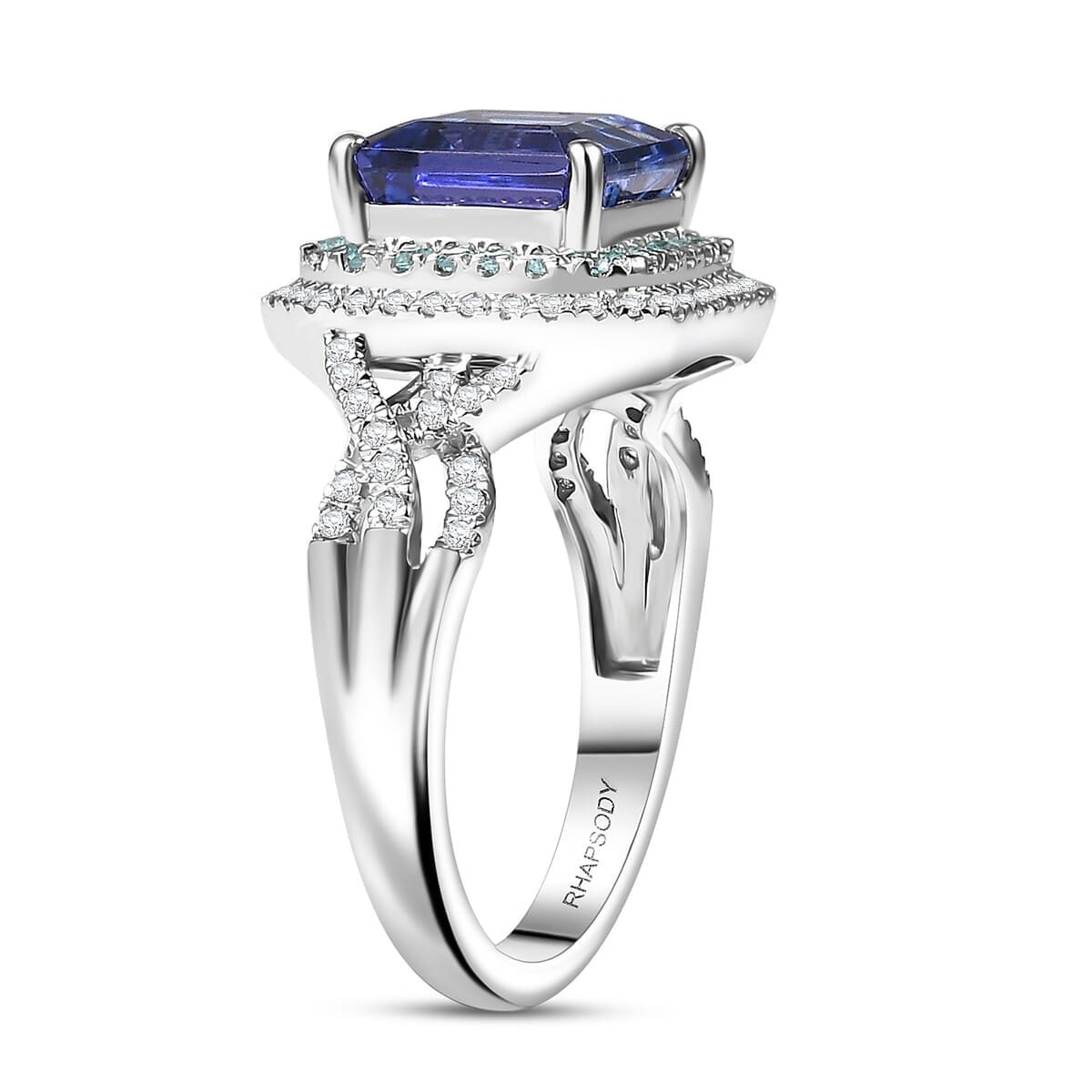 Rhapsody AAAA Tanzanite, Paraiba Tourmaline and E-F VS Diamond 3.30 ctw Midnight Deco Ring in 950 Platinum (Size 6.0) image number 3