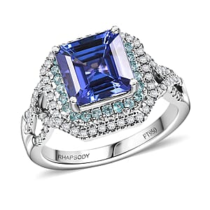 Rhapsody AAAA Tanzanite, Paraiba Tourmaline and E-F VS Diamond 3.30 ctw Midnight Deco Ring in 950 Platinum (Size 7.0)