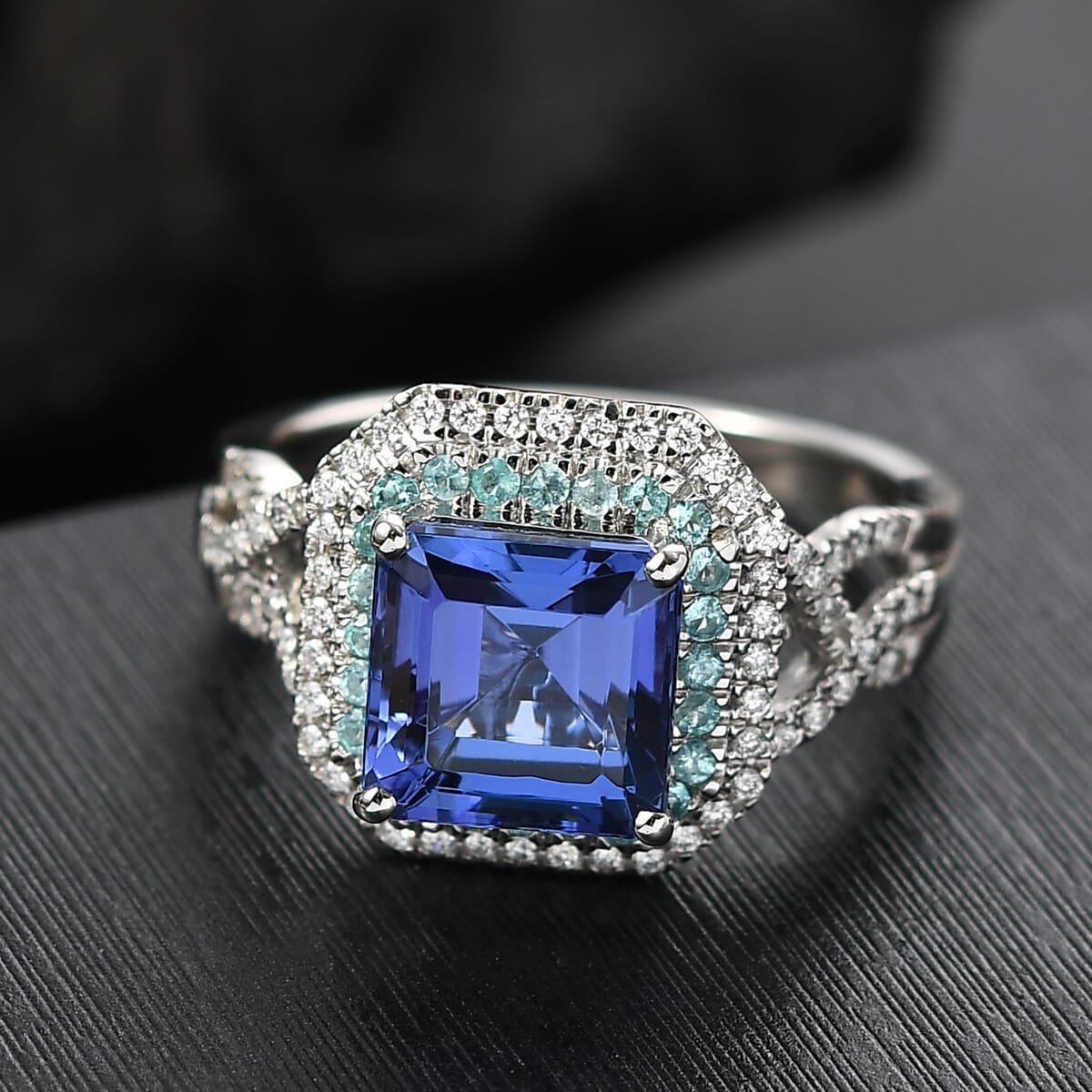 Rhapsody AAAA Tanzanite, Paraiba Tourmaline and E-F VS Diamond 3.30 ctw Midnight Deco Ring in 950 Platinum (Size 7.0) image number 1