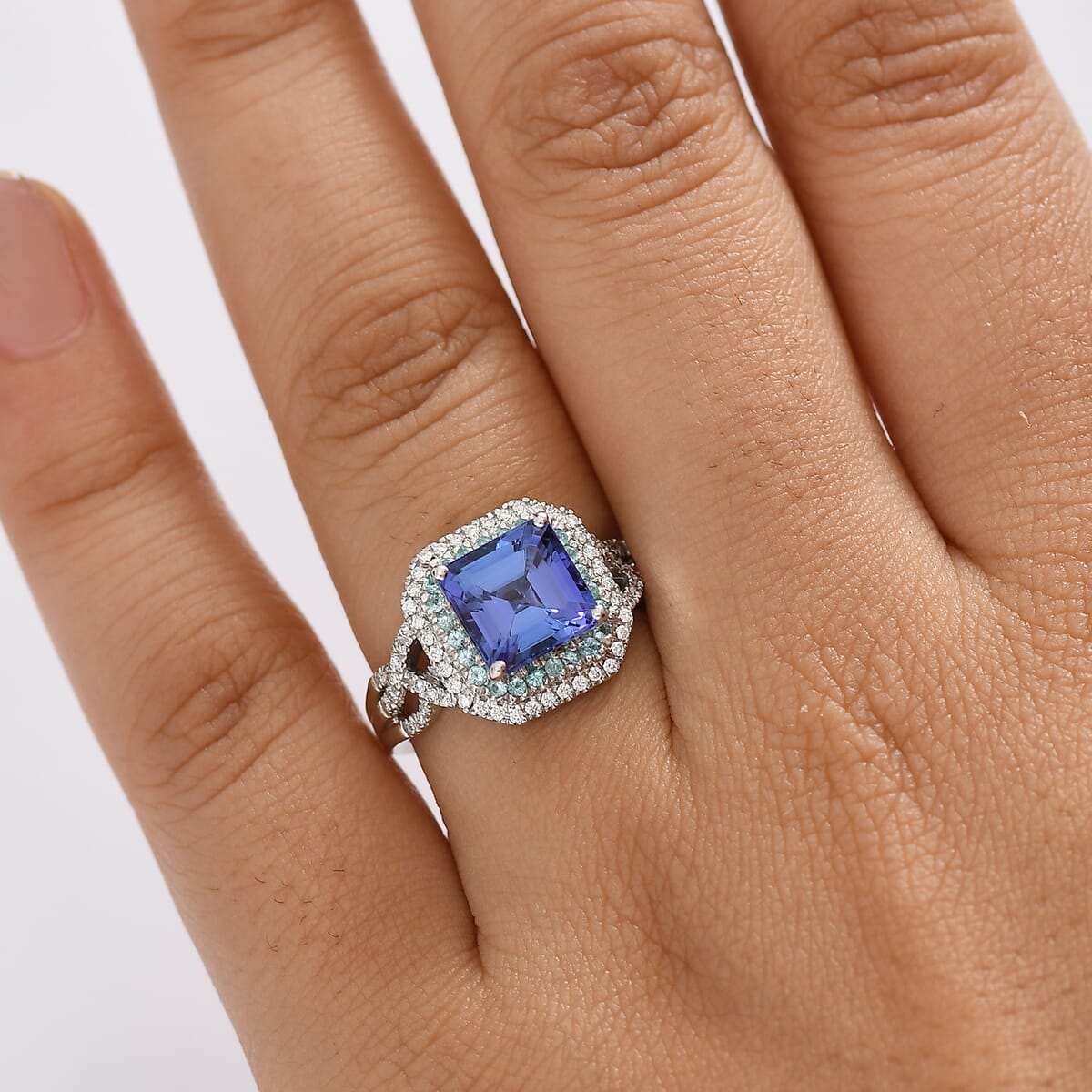 Rhapsody AAAA Tanzanite, Paraiba Tourmaline and E-F VS Diamond 3.30 ctw Midnight Deco Ring in 950 Platinum (Size 8.0) image number 2
