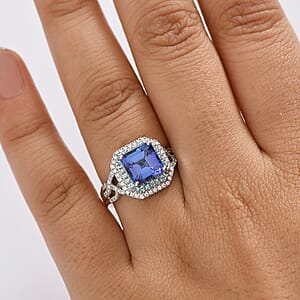 Rhapsody AAAA Tanzanite, Paraiba Tourmaline and E-F VS Diamond 3.30 ctw Midnight Deco Ring in 950 Platinum (Size 8.0)