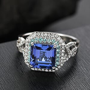 Rhapsody AAAA Tanzanite, Paraiba Tourmaline and E-F VS Diamond 3.30 ctw Midnight Deco Ring in 950 Platinum (Size 9.0)