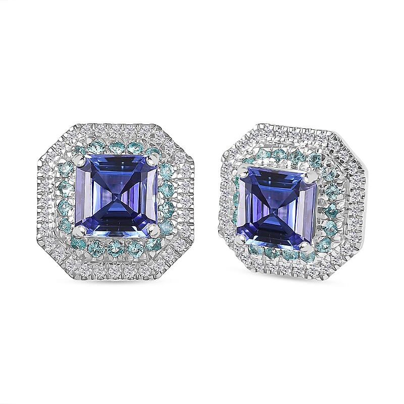 Rhapsody AAAA Tanzanite, Paraiba Tourmaline and E-F VS Diamond 2.94 ctw Midnight Deco Stud Earrings in 950 Platinum (Del. In 10-12 Days)