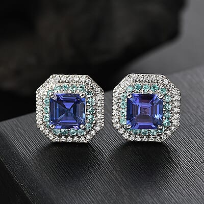 Rhapsody AAAA Tanzanite, Paraiba Tourmaline and E-F VS Diamond 2.94 ctw Midnight Deco Stud Earrings in 950 Platinum (Del. In 10-12 Days)