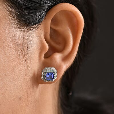 Rhapsody AAAA Tanzanite, Paraiba Tourmaline and E-F VS Diamond 2.94 ctw Midnight Deco Stud Earrings in 950 Platinum (Del. In 10-12 Days)