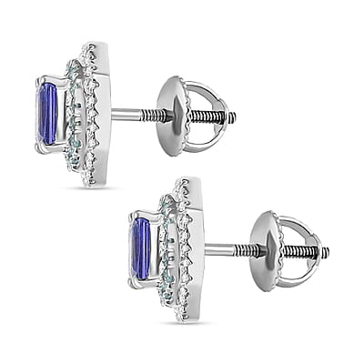 Rhapsody AAAA Tanzanite, Paraiba Tourmaline and E-F VS Diamond 2.94 ctw Midnight Deco Stud Earrings in 950 Platinum (Del. In 10-12 Days)