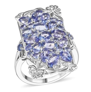 Tanzanite 4.85 ctw Art Deco Ring in Rhodium Over Sterling Silver (Size 10.0)