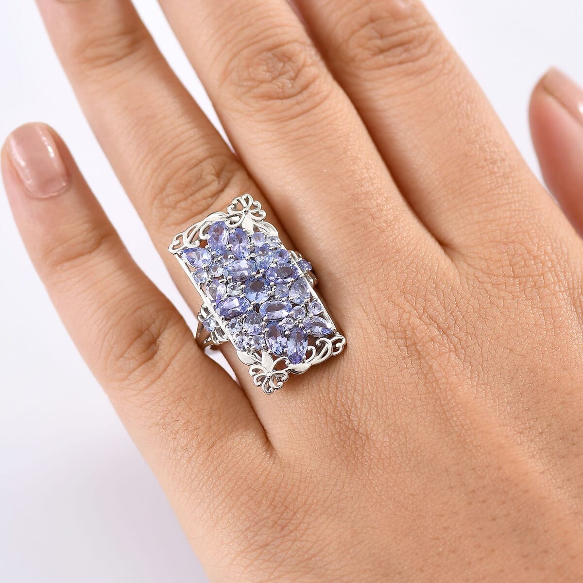 Tanzanite 4.85 ctw Art Deco Ring in Rhodium Over Sterling Silver (Size 10.0) image number 2